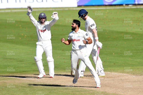 250925 - Glamorgan v Lancashire - Rothesay County Championship - Zain Ul Hassan of Glamorgan celebrates with team mates after bowling out Michael Jones of Lancashire who was LBW