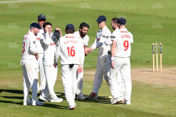 250925 - Glamorgan v Lancashire - Rothesay County Championship - Zain Ul Hassan of Glamorgan celebrates taking the wicket of Matty Hurst of Lancashire