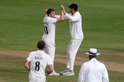 260925 - Glamorgan v Lancashire, Rothesay County Championship - Tom Aspinwall of Lancashire celebrates after dismissing Colin Ingram of Glamorgan for LBW