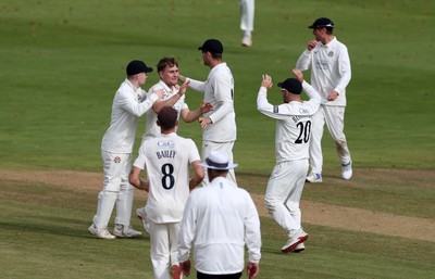 260925 - Glamorgan v Lancashire, Rothesay County Championship - Tom Aspinwall of Lancashire celebrates after dismissing Colin Ingram of Glamorgan for LBW