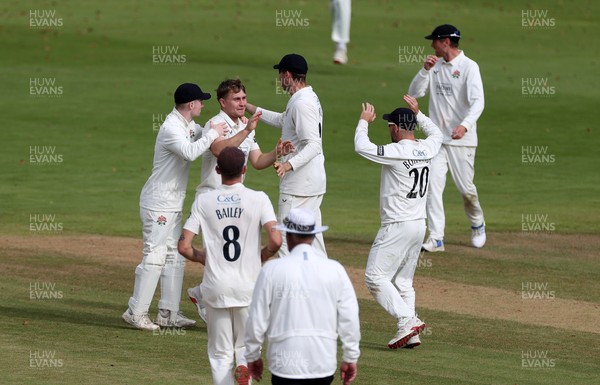 260925 - Glamorgan v Lancashire, Rothesay County Championship - Tom Aspinwall of Lancashire celebrates after dismissing Colin Ingram of Glamorgan for LBW
