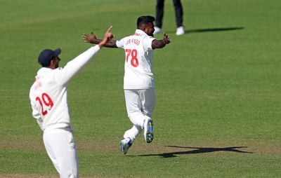 050425 - Glamorgan v Leicestershire - Rothesay County Championship Division 2 - Asitha Fernando of Glamorgan celebrates taking the wicket of Ben Mike of Leicestershire