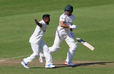 050425 - Glamorgan v Leicestershire - Rothesay County Championship Division 2 - Asitha Fernando of Glamorgan celebrates taking the wicket of Ben Mike of Leicestershire