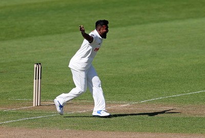 050425 - Glamorgan v Leicestershire - Rothesay County Championship Division 2 - Asitha Fernando of Glamorgan celebrates taking the wicket of Ben Mike of Leicestershire