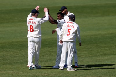 050425 - Glamorgan v Leicestershire - Rothesay County Championship Division 2 - Asitha Fernando of Glamorgan celebrates taking the wicket of Ben Mike of Leicestershire