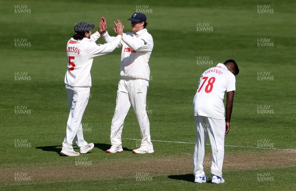 050425 - Glamorgan v Leicestershire - Rothesay County Championship Division 2 - Kiran Carlson of Glamorgan celebrates catching Sol Budinger of Leicestershire