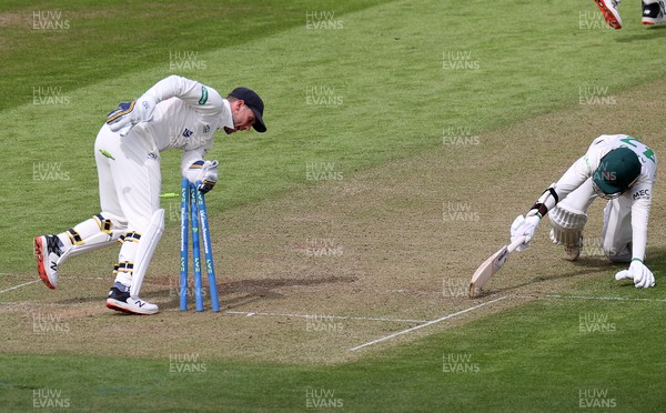 050522 - Glamorgan v Leicestershire - LV= County Championship - Division Two - Hassan Azad of Leicestershire is ran out by Sam Northeast as Chris Cooke celebrates