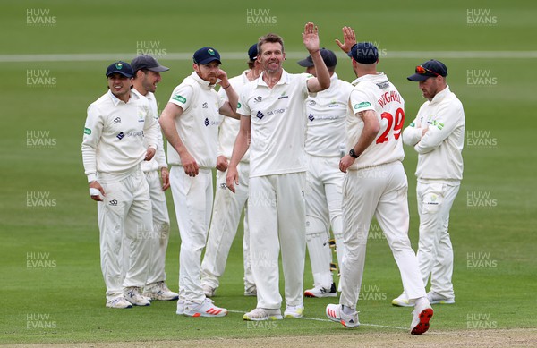 060522 - Glamorgan v Leicestershire - LV= County Championship - Division Two - Michael Hogan of Glamorgan celebrates with team mates after Chris Wright is caught by Chris Cooke