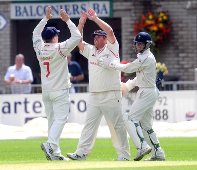 21.07.10. LV= County Championship Cricket, Division 2, Glamorgan v Leicestershire. Mark Cosgrove is congratulated after catcing out Will Jefferson from a delivery from Jim Allenby. 