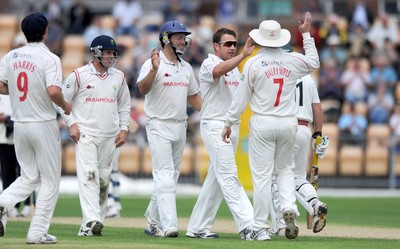 21.07.10 - Glamorgan v Leicestershire - LV County Championship Division 2 - Robert Croft of Glamorgan celebrates the wicket of Matthew Boyce of Leicestershire. 