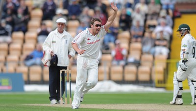 21.07.10 - Glamorgan v Leicestershire - LV County Championship Division 2 - Robert Croft of Glamorgan celebrates taking the wicket of Jacques du Toit of Leicestershire. 