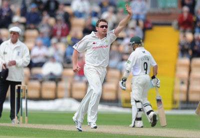 21.07.10 - Glamorgan v Leicestershire - LV County Championship Division 2 - Robert Croft of Glamorgan celebrates taking the wicket of Jacques du Toit of Leicestershire. 