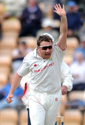 21.07.10 - Glamorgan v Leicestershire - LV County Championship Division 2 - Robert Croft of Glamorgan celebrates taking the wicket of Jacques du Toit of Leicestershire. 