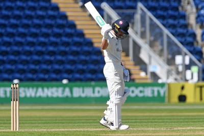 240426 - Glamorgan v Leicestershire - Rothesay County Championship - Kiran Carlson of Glamorgan hits 50
