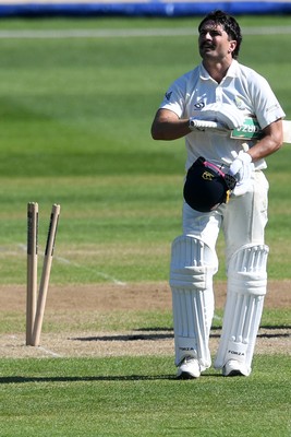 240426 - Glamorgan v Leicestershire - Rothesay County Championship - Kiran Carlson of Glamorgan is run out by Jake Weatherald of Leicestershire