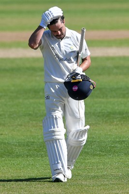 240426 - Glamorgan v Leicestershire - Rothesay County Championship - Kiran Carlson of Glamorgan is run out by Jake Weatherald of Leicestershire