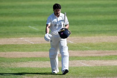 240426 - Glamorgan v Leicestershire - Rothesay County Championship - Kiran Carlson of Glamorgan is run out by Jake Weatherald of Leicestershire