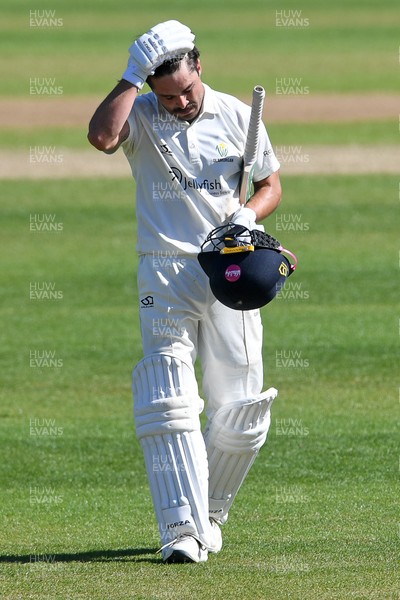 240426 - Glamorgan v Leicestershire - Rothesay County Championship - Kiran Carlson of Glamorgan is run out by Jake Weatherald of Leicestershire