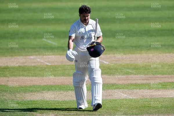 240426 - Glamorgan v Leicestershire - Rothesay County Championship - Kiran Carlson of Glamorgan is run out by Jake Weatherald of Leicestershire