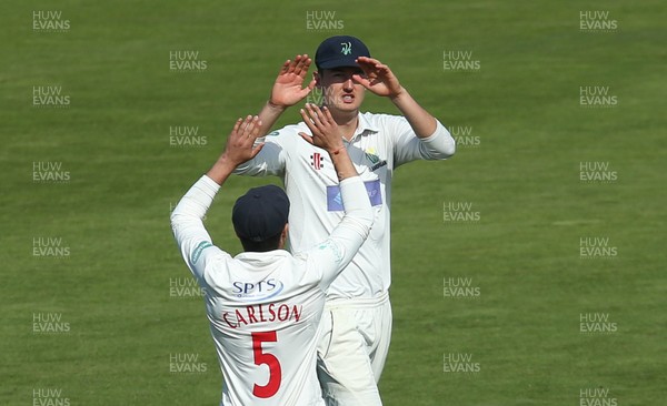 250918 - Glamorgan v Leicestershire, Supersavers County Championship Division 2 - Jack Murphy of Glamorgan celebrates after he catches \l99\
