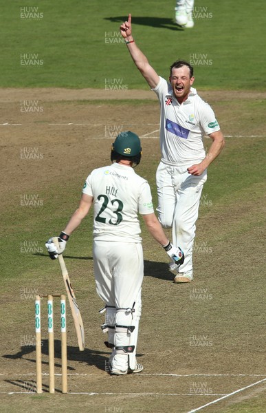 250918 - Glamorgan v Leicestershire, Supersavers County Championship Division 2 - Graham Wagg of Glamorgan celebrates after taking the wicket of Lewis Hill of Leicestershire