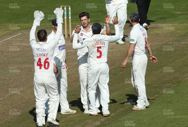 250918 - Glamorgan v Leicestershire, Supersavers County Championship Division 2 - Craig Meschede of Glamorgan celebrates after bowling out Tom Taylor of Leicestershire for 5 runs