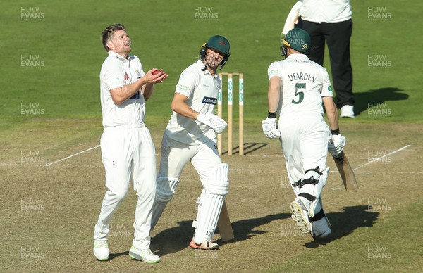 250918 - Glamorgan v Leicestershire, Supersavers County Championship Division 2 - Harry Dearden of Leicestershire is caught and bowled by Timm van der Gugten of Glamorgan