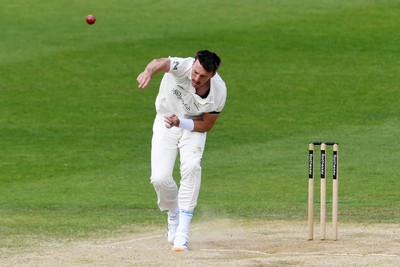 260426 - Glamorgan v Leicestershire - Rothesay County Championship - Ryan Hadley of Glamorgan Bowling