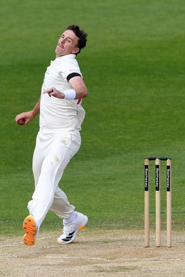 260426 - Glamorgan v Leicestershire - Rothesay County Championship - Ryan Hadley of Glamorgan Bowling