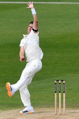 260426 - Glamorgan v Leicestershire - Rothesay County Championship - Ryan Hadley of Glamorgan Bowling
