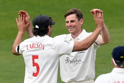 260426 - Glamorgan v Leicestershire - Rothesay County Championship - Andy Gorvin of Glamorgan celebrates taking the wicket of Stephen Eskinazi of Leicestershire