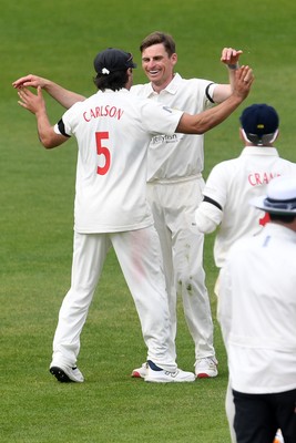 260426 - Glamorgan v Leicestershire - Rothesay County Championship - Andy Gorvin of Glamorgan celebrates taking the wicket of Stephen Eskinazi of Leicestershire