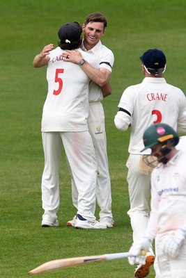 260426 - Glamorgan v Leicestershire - Rothesay County Championship - Andy Gorvin of Glamorgan celebrates taking the wicket of Stephen Eskinazi of Leicestershire