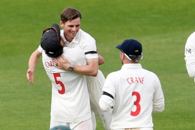 260426 - Glamorgan v Leicestershire - Rothesay County Championship - Andy Gorvin of Glamorgan celebrates taking the wicket of Stephen Eskinazi of Leicestershire