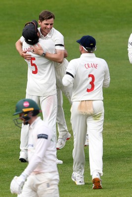 260426 - Glamorgan v Leicestershire - Rothesay County Championship - Andy Gorvin of Glamorgan celebrates taking the wicket of Stephen Eskinazi of Leicestershire