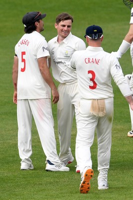 260426 - Glamorgan v Leicestershire - Rothesay County Championship - Andy Gorvin of Glamorgan celebrates taking the wicket of Stephen Eskinazi of Leicestershire