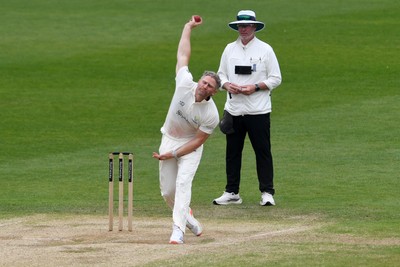 260426 - Glamorgan v Leicestershire - Rothesay County Championship - Timm Van Der Gugten of Glamorgan bowling