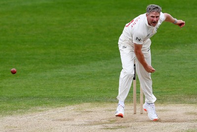 260426 - Glamorgan v Leicestershire - Rothesay County Championship - Timm Van Der Gugten of Glamorgan bowling
