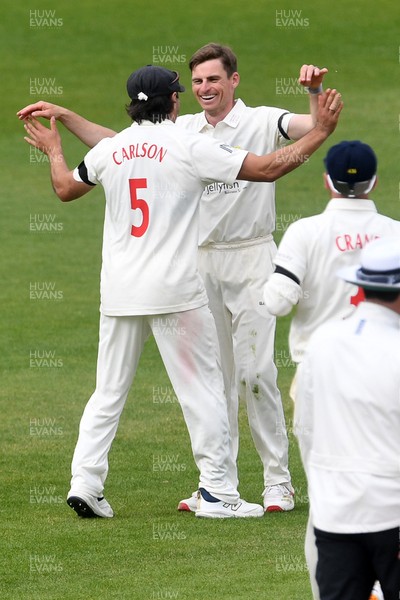260426 - Glamorgan v Leicestershire - Rothesay County Championship - Andy Gorvin of Glamorgan celebrates taking the wicket of Stephen Eskinazi of Leicestershire