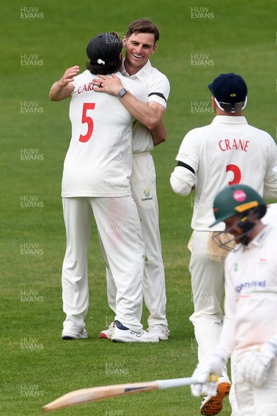 260426 - Glamorgan v Leicestershire - Rothesay County Championship - Andy Gorvin of Glamorgan celebrates taking the wicket of Stephen Eskinazi of Leicestershire