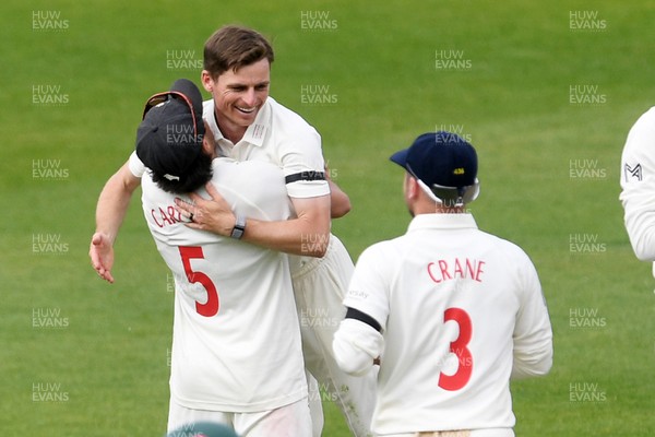 260426 - Glamorgan v Leicestershire - Rothesay County Championship - Andy Gorvin of Glamorgan celebrates taking the wicket of Stephen Eskinazi of Leicestershire