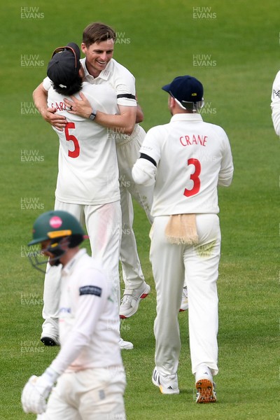 260426 - Glamorgan v Leicestershire - Rothesay County Championship - Andy Gorvin of Glamorgan celebrates taking the wicket of Stephen Eskinazi of Leicestershire