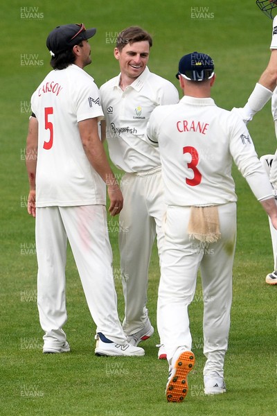260426 - Glamorgan v Leicestershire - Rothesay County Championship - Andy Gorvin of Glamorgan celebrates taking the wicket of Stephen Eskinazi of Leicestershire