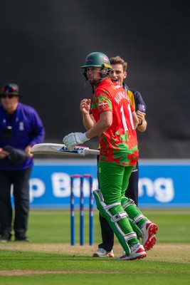 260825 - Glamorgan v Leicestershire - Metro Bank One Day Cup - Andy Gorvin of Glamorgan CCC celebrates the wicket of Sol Budinger of Leicestershire CCC
