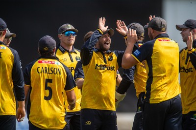 260825 - Glamorgan v Leicestershire - Metro Bank One Day Cup - Glamorgan players celebrate the wicket of Sol Budinger of Leicestershire CCC