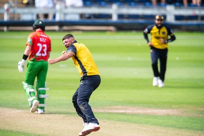 260825 - Glamorgan v Leicestershire - Metro Bank One Day Cup - Tom Horton of Glamorgan CCC celebrates the wicket of Shan Masood of Leicestershire CCC