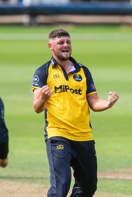 260825 - Glamorgan v Leicestershire - Metro Bank One Day Cup - Tom Horton of Glamorgan CCC celebrates the wicket of Shan Masood of Leicestershire CCC
