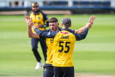 260825 - Glamorgan v Leicestershire - Metro Bank One Day Cup - Tom Horton of Glamorgan CCC celebrates the wicket of Shan Masood of Leicestershire CCC