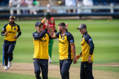 260825 - Glamorgan v Leicestershire - Metro Bank One Day Cup - Tom Horton of Glamorgan CCC celebrates the wicket of Shan Masood of Leicestershire CCC
