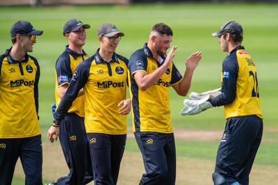 260825 - Glamorgan v Leicestershire - Metro Bank One Day Cup - Tom Horton of Glamorgan CCC celebrates the wicket of Shan Masood of Leicestershire CCC